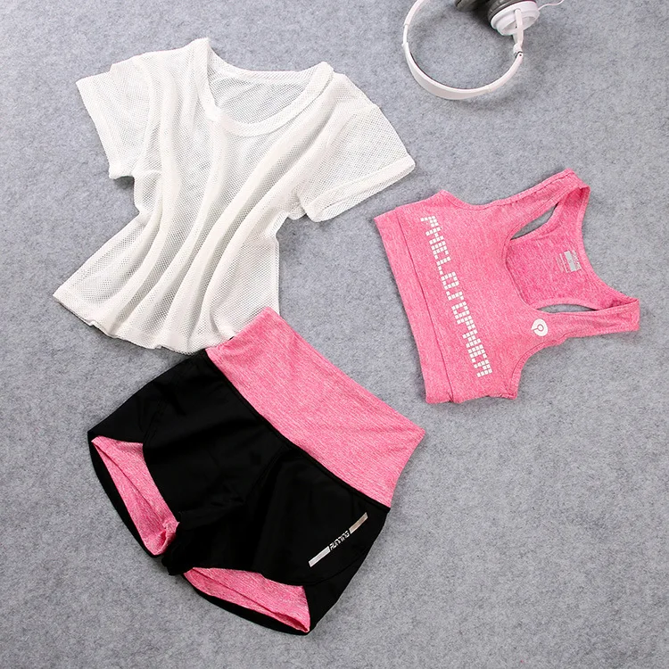 Женская спортивная одежда, футболка для фитнеса+ бюстгальтер+ шорты, комплект из 3 предметов, одежда для занятий спортом, бега, йогой, женский спортивный комплект - Цвет: 4