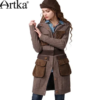 

ARTKA Women'S Winter Vintage O-Neck Long Sleeve Single Breasted Wide-Waisted Mid-Long Woolen Cardigan Sweater WB14147D