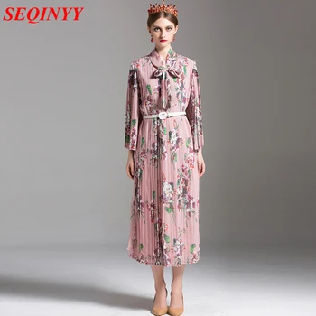 

2XL Casual Pleated Dress 2017 Summer Shawl Neckline Flower Printed Flare Wrist Sleeve Women's Pink Midi Loose Dress With a Belt