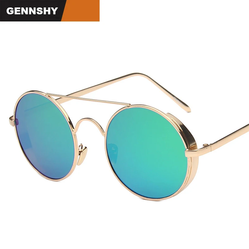 

2017 Fashion Small Round Sunglasses Men Women Steam Punk Sun Glasses Vintage Luxury Metal Glasses Gold Frame Blue Mirror Lense