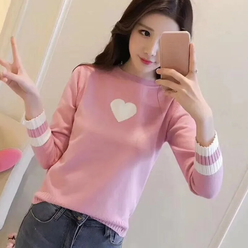 Harajuku повседневные женские свитера 2018 осень мода Kawaii Любовь Сердце Вышивка пуловер свитер Женский свитера