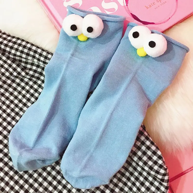

Women Girls Spring Candy Color Elastic Long Crew Socks Japanese Style Cute 3D Big Pompom Eyes Doll Decor Cotton Tube Hosiery
