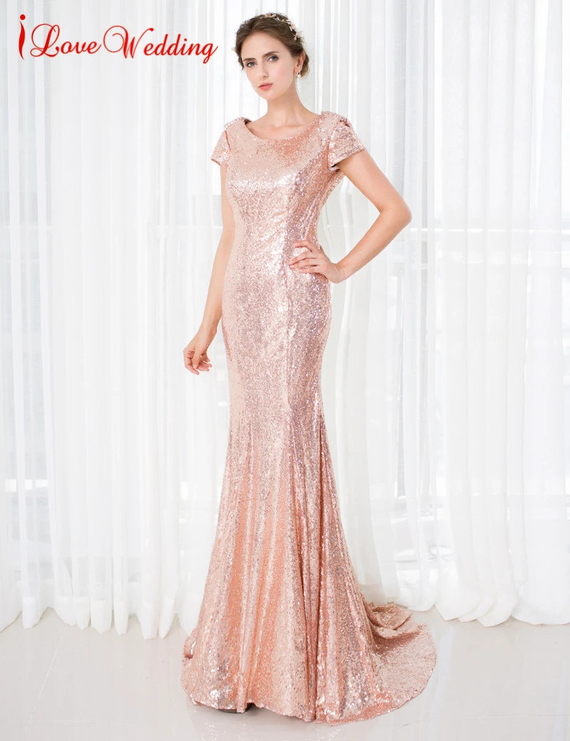 2017 Sparking Sequined Evening Dresses Short Cap Sleeve Mermaid Sweep