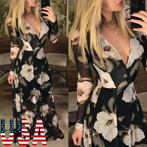 

Women's Summer Boho Floral Long Sleeve Long Maxi Dress Party Beach Sundress