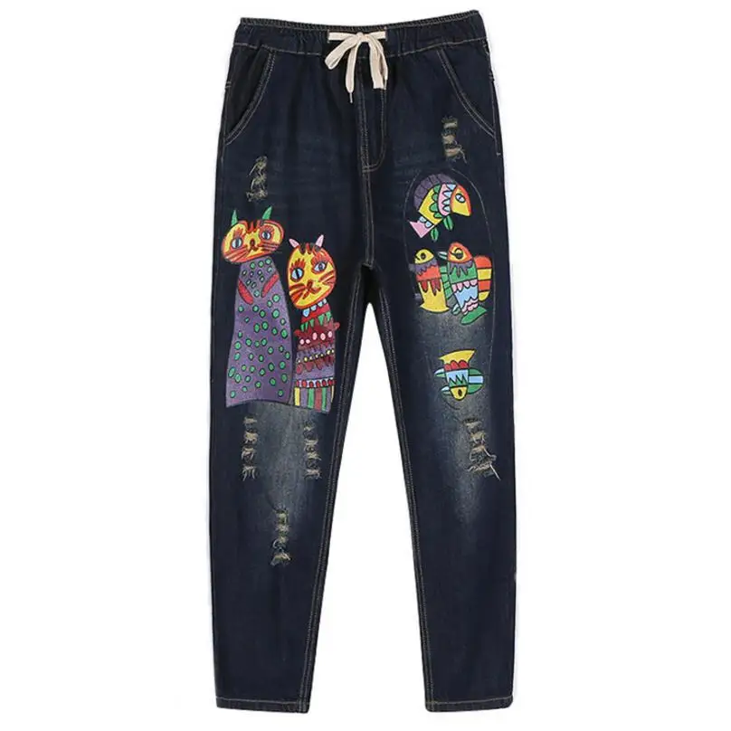 new Cat print holes loose casual cowboy pants female jeans women harem pant new Cat print holes loose casual cowboy pants female jeans women harem pant