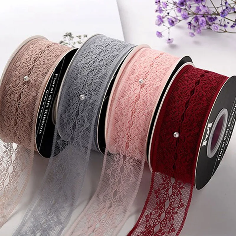 

4.0cm lace ribbon floral packaging with diy handmade bow yarn with white 25 yards florist fabric lace