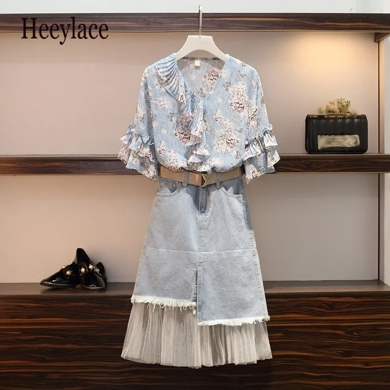 

New 2019 Spring Two Piece Set Women blue ruffles Flare Sleeve Bow Chiffon Shirt Blouse+Denim Irregular Jeans Skirt Plus Size Set
