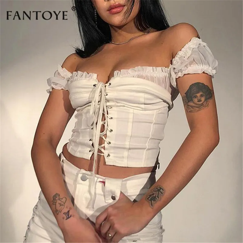 

Fantoye White Sexy Off Shoulder Crop Top Hot Summer Bodycon Bandage Tank Tops Short Strap Vest For Women Vintage Lace Up Camis