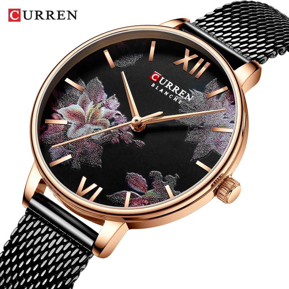 

CURREN 2019 Elegant Lady Watches Flower Slim Black Mesh Steel Band Bracelet Rose Gold Quartz Waterproof Women Fashion Wristwatch