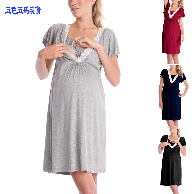 QWEEK Lace Sleepwear for Pregnant Woman Cotton Maternity Night Dress