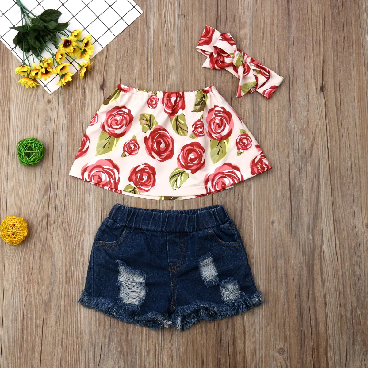 

Pudcoco Newest Summer Toddler Baby Girl Clothes Off Shoulder Flower Print Tops Denim Ripped Shorts Headband 3Pcs Outfits Clothes