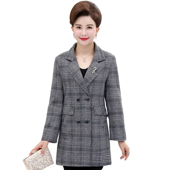 

2020 New Fashion Middle-aged Women Autumn Winter Plaid Woolen Coat Plus Size 5XL Blazers Jackets Windbreaker Outerwear X316