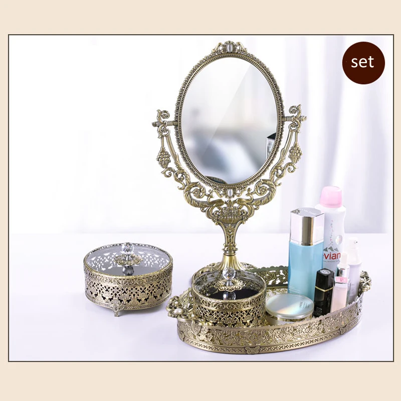 European Vintage Grape Branch with Flowers Design Antique Brass 6x8 inches Double-sided Metal Table Decor Swing Cosmetic Mirror