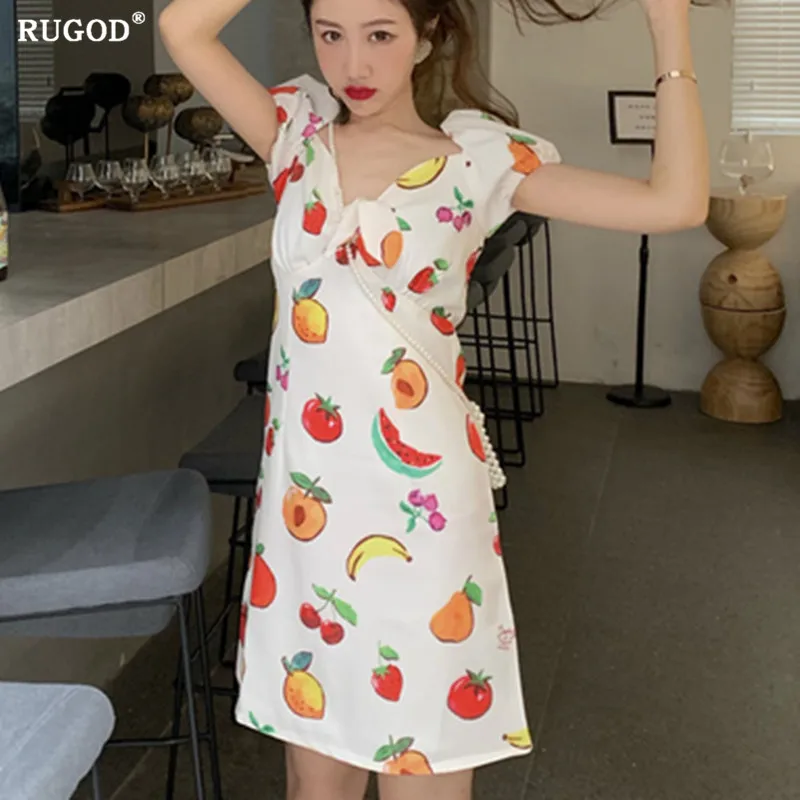 

RUGOD Fruit print Summer dress Puff sleeve v-neck women dress casual slim party dress vestidos verano 2019