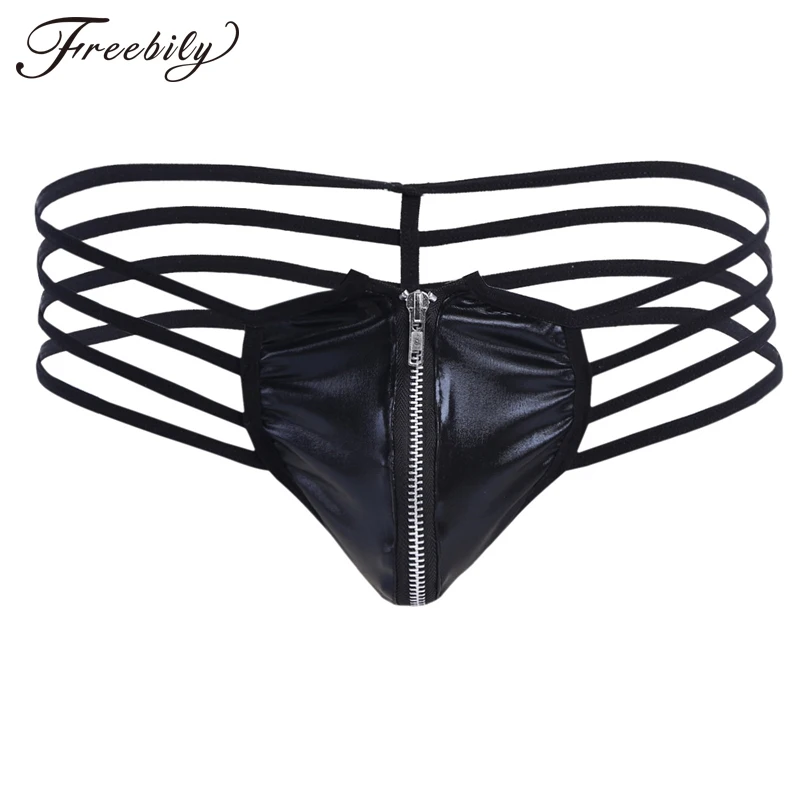 

Men swimwear Underwear Patent Leather Strappy Zippered Bulge Pouch String Homme Sissy Gay Panties Bikini Underwear Underpants
