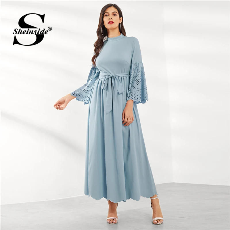 Designer long gowns with bell sleeves dress