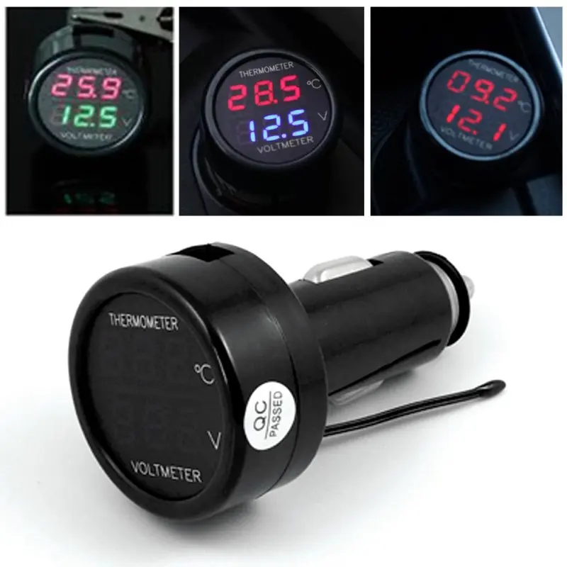 

1PC 2 In 1 Car Auto 12V Dual Display LED Digital Thermometer Voltmeter 3 Colors Voltage Meters