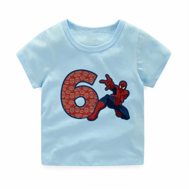 Футболки для маленьких мальчиков и девочек с человеком-пауком, на день рождения, с цифрами от 3 до 6 лет Детская летняя забавная футболка с героями мультфильмов детский топ в стиле Харадзюку, одежда для малышей - Color: P1214d-skyblue