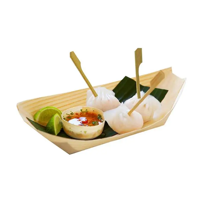 

50Pcs Disposable Wooden Sushi Plates Tray Large Natural Birch Wooden Serving Boats Dishes For Snacks Nibbles Fruits 6X4X2cm A3