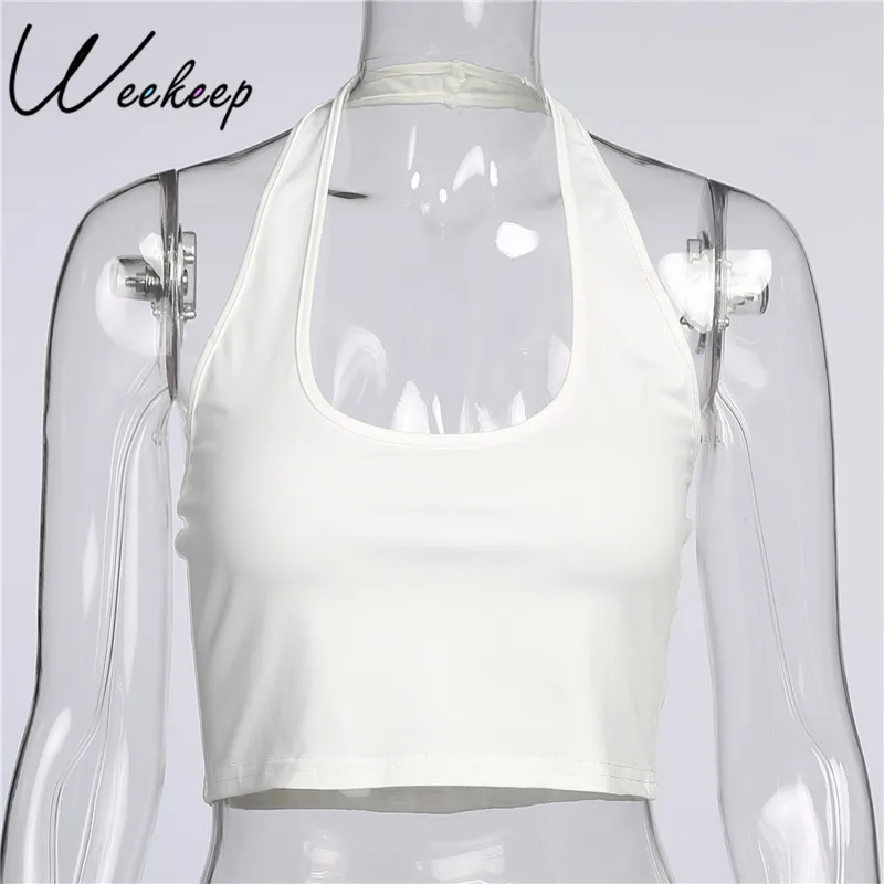 

Weekeep Fashion Halter Women Tank Top Knitted Solid Backless Sleeveless Crop Top Summer Fitness Cropped Feminino Bralette Shirt