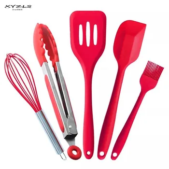 

XYZLS 5pcs/set Silicone Cooking Tool Set Non-stick Scraper Oil Brush Whisk Tongs Spatula Utensil Set Kitchen Tools Gadget