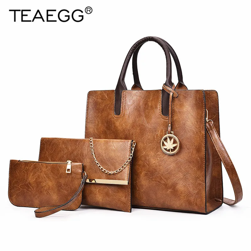 

TEAEGG 3 Pcs/Set Fashion Women Composite Bags PU Leather Women Maple Leaf Handbag Shoulder Bag Wallets Purse Set Bolsa Feminina