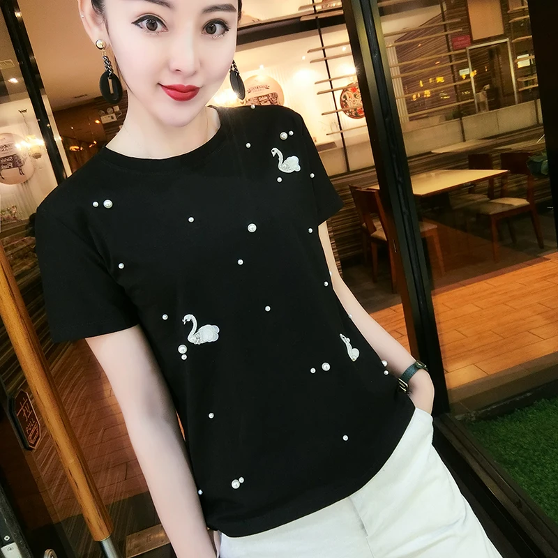 

Korean Loose Basic Beading Swan Tshirt 2019 New Summer O-Neck Sleeve Fashion Top Shirt Camiseta Mujer Black White T94165L