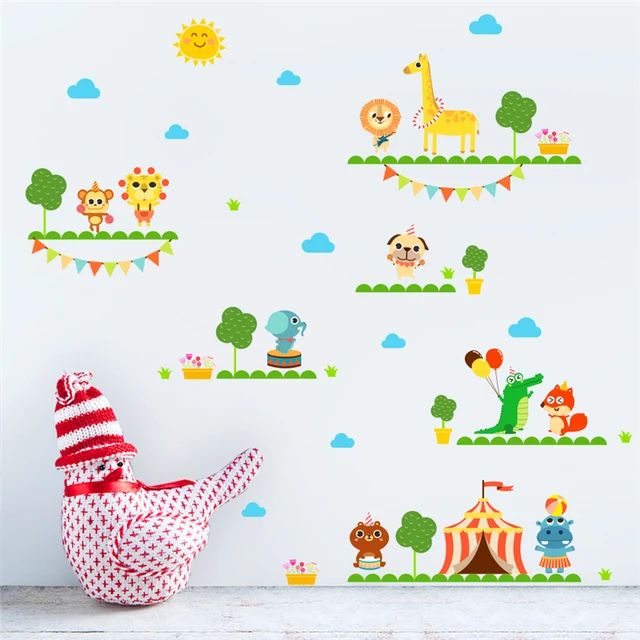 cartoon circus giraffe elephant monkey acrobatics wall stickers for