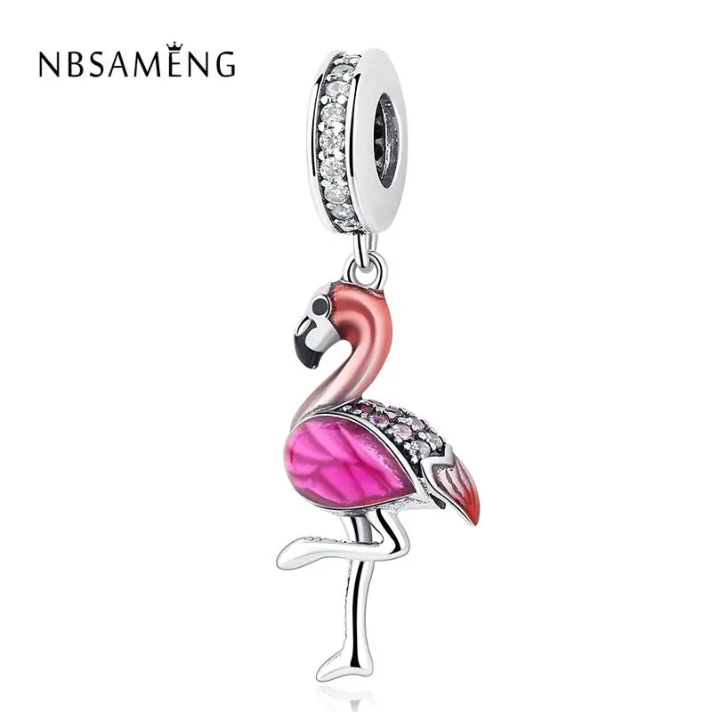 

925 Sterling Silver Bead Crystal Pink Enamel Flamingo Bird Pendant Charm Fit Original Pandora Bracelets DIY Charms