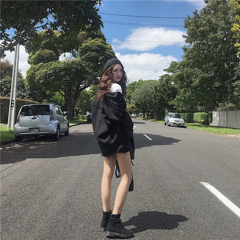 Women Rivet bat sleeved causal street wear loose Jacket Vintage Denim Clothing Jacket M--3XL
