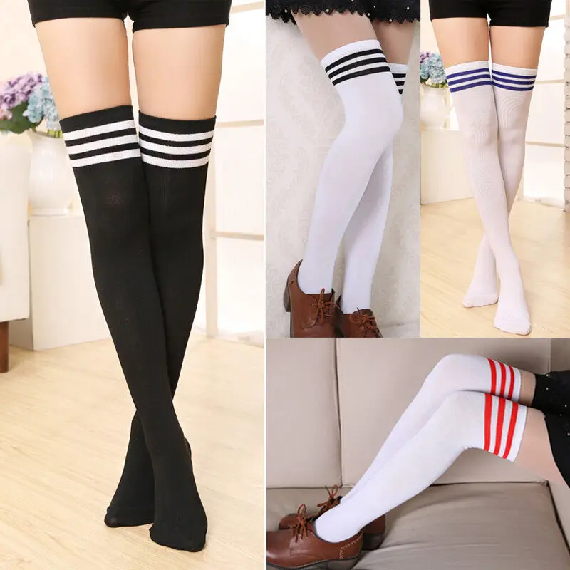 Сексуальные женские чулки для девушек, сексуальные школьные полосатые непрозрачные вязаные длинные сапоги выше колена, высокие чулки, спортивные носки
