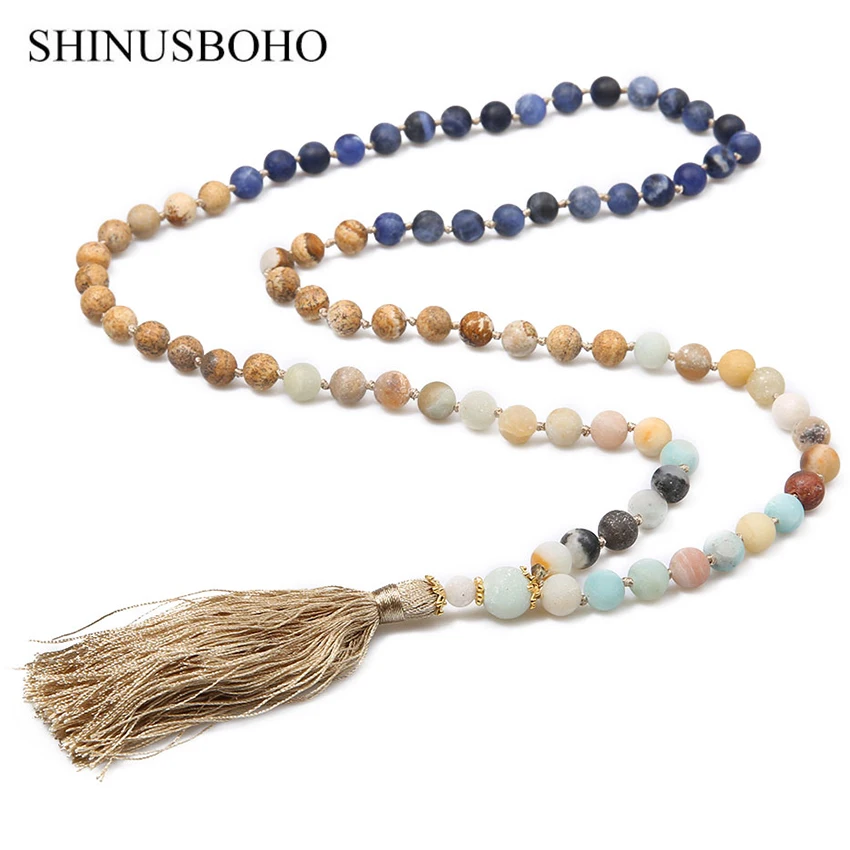 SHINUS BOHO Semi precious Stones Beaded Necklaces for Women Handmade Knotted Strand Charm