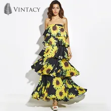 

Vintacy Women Sexy Strapless Layered Dress Long Black Sunflower Floral Print Tiered Long Dress Female Summer Beach Maxi Sundress