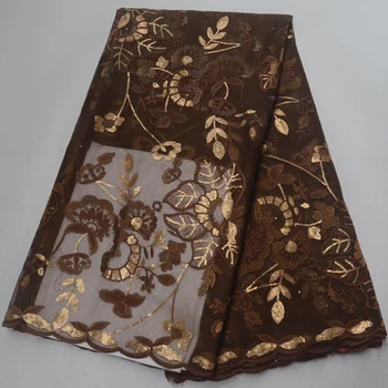 

high quality coffee color African tulle lace fabric fashion sequins embroidered French lace fabric 5yards for party dress FLP158