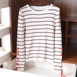 Новая мода шерсть полиэстер смешанной вязки для женщин кружево полосатый Oneck пуловер свитер S-L розничная продажа оптом