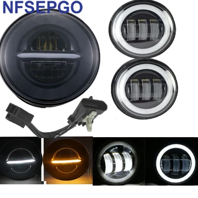 Точечный SAE 7-дюймовый моторный головной светильник s, " светодиодный головной светильник+ 4 1/2" противотуманный светильник для мотоцикла, лампы ближнего света+ кронштейн, переходное кольцо для уличного скольжения - Цвет: 3pcs all black halo