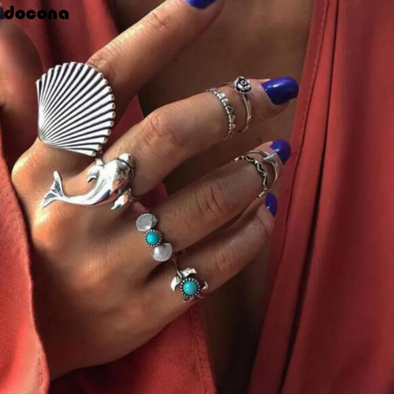 

docona Boho Silver Color Big Shell Dolphin Knuckle Midi Ring Set for Women Beach Green Rhinestone Shell Rings Set Anillos 7069