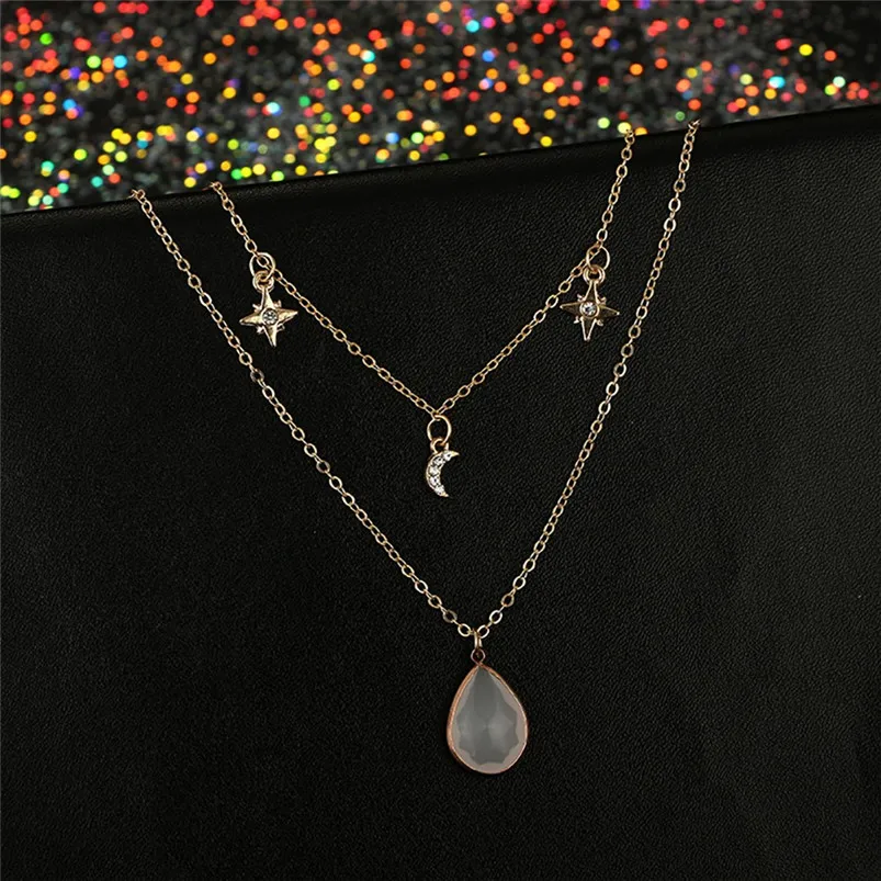 Fashion Simple Round Diamond Necklace Multi-layer Alloy Chain Clavicle Chain elliptical imitation gemstone necklace F13 (3)