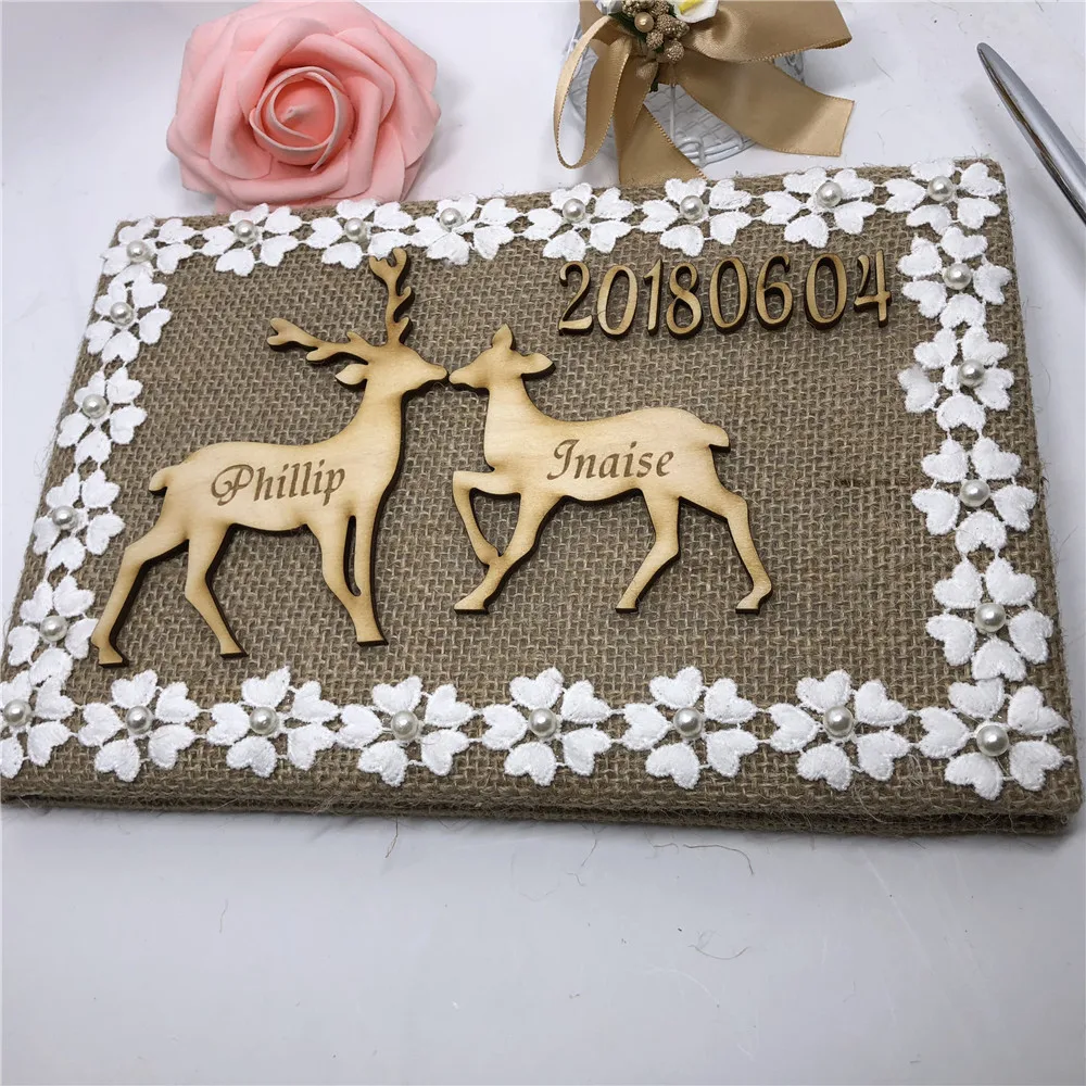

Custom Nature Euramerican Personality Wedding Signature Guest Books Burlap Letter Embroidery Lace Bowknot Unique Guestbook