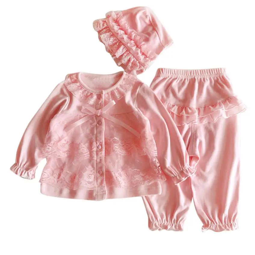 Одежда для новорожденных девочек, кружевной кардиган + длинные штаны + шапочка, комплект одежды, розовый цвет