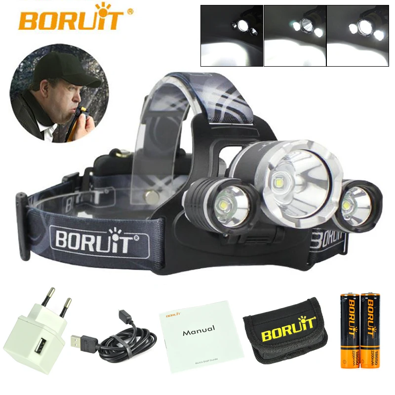Налобный фонарь BORUIT RJ 3000 Plus 3x XM L T6 LED Micro USB перезаряжаемый налобный 2x18650 PCB батареи +