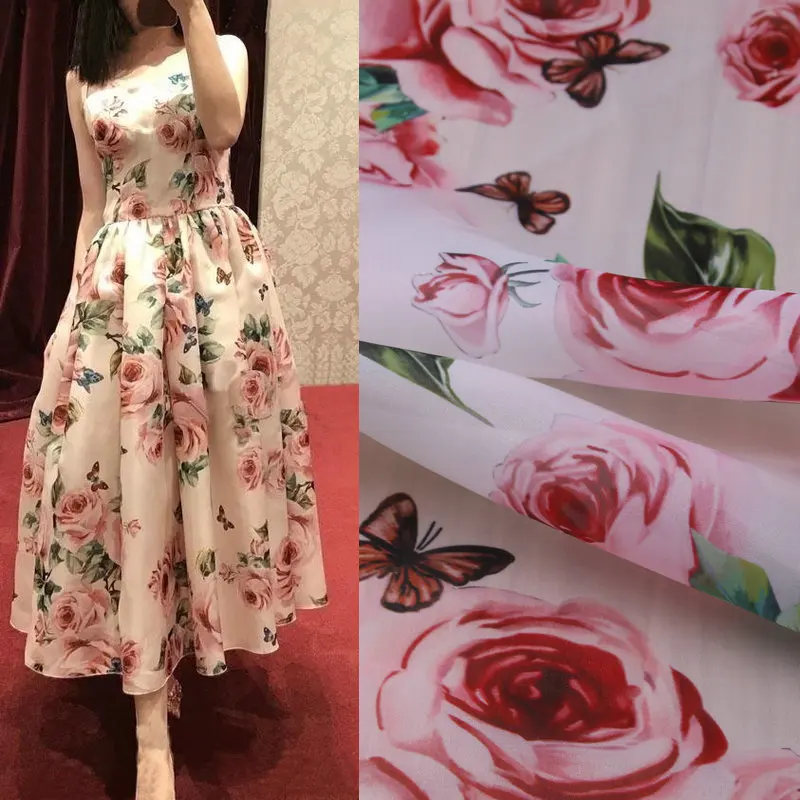 

pink rose flowers printed organza fabric,women dress organza crisp fabric tissus, polyester transparent clothing tissu au metre