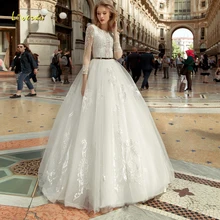 Элегантное loverxu бальное платье свадебное платье аппликация с длинным рукавом пуговица Кружева платье невесты суд поезд невесты платье размера плюс