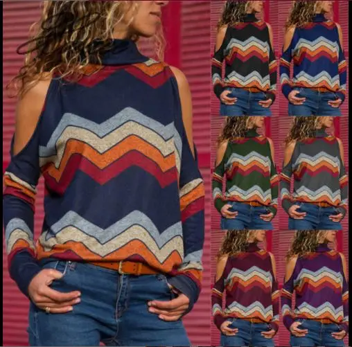

Xnxee Spring and Autumn Fashion Turtleneck High-neck Long Sleeve Print Off-Shoulder Knit Top