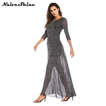 

Naive Shine Elegant Women's Appliques Silver Spot Party Dresses 3/4 Sleeve O-neck Vintage Bodycon Long Summer Female Maxi Dress