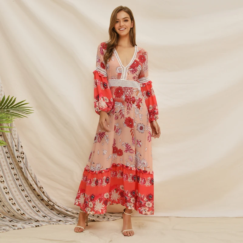 

Vintacy Women Long Sleeve Maxi Dresses Boho Ethnic Pink Loose Print Floral Female Frill Hem Pleated Plus Size Beach Long Dress