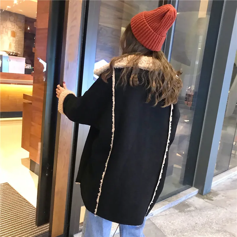 Korean Style Women Fake Fur Jacket Coat 2018 Winter Thick Fleece Lining Long Sleeve Fake Fur Overcoat Black Oversize Outwear