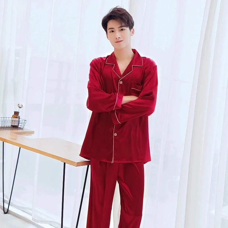 Китайские атласные шелковые пижамы, комплекты, пижамы для пар, семейная Пижама для влюбленных, Ночной костюм для мужчин и женщин, повседневная домашняя одежда - Цвет: Men-wine red