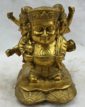 

9" Singapore Folk Brass 3 Head 4 Arms Mammon Money Wealth God Statue Sculpture R0710