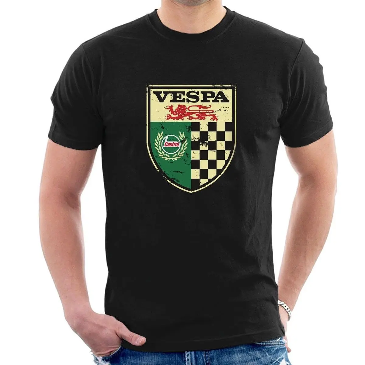 

NEW VESPA CASTROL VINTAGE SIGN T-SHIRT Distressed Classic Retro oil M03 Cartoon t shirt men Unisex New Fashion tshirt Loose
